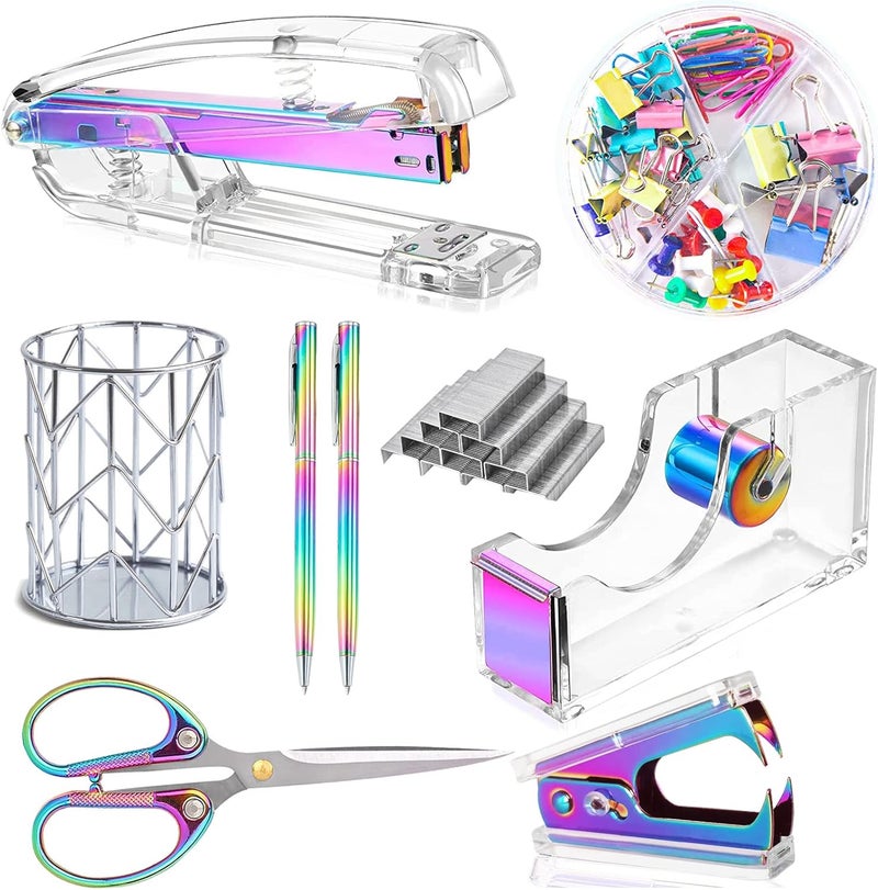 Famassi Dream Color Acrylic Stapler and Tape Dispenser Set, Office Supplies with Tape Dispenser, Stapler Remover, 2 Ballpoint Pen, Scissor, Binder Clips, Paper Clips and 1000pcs Staples - Image 1